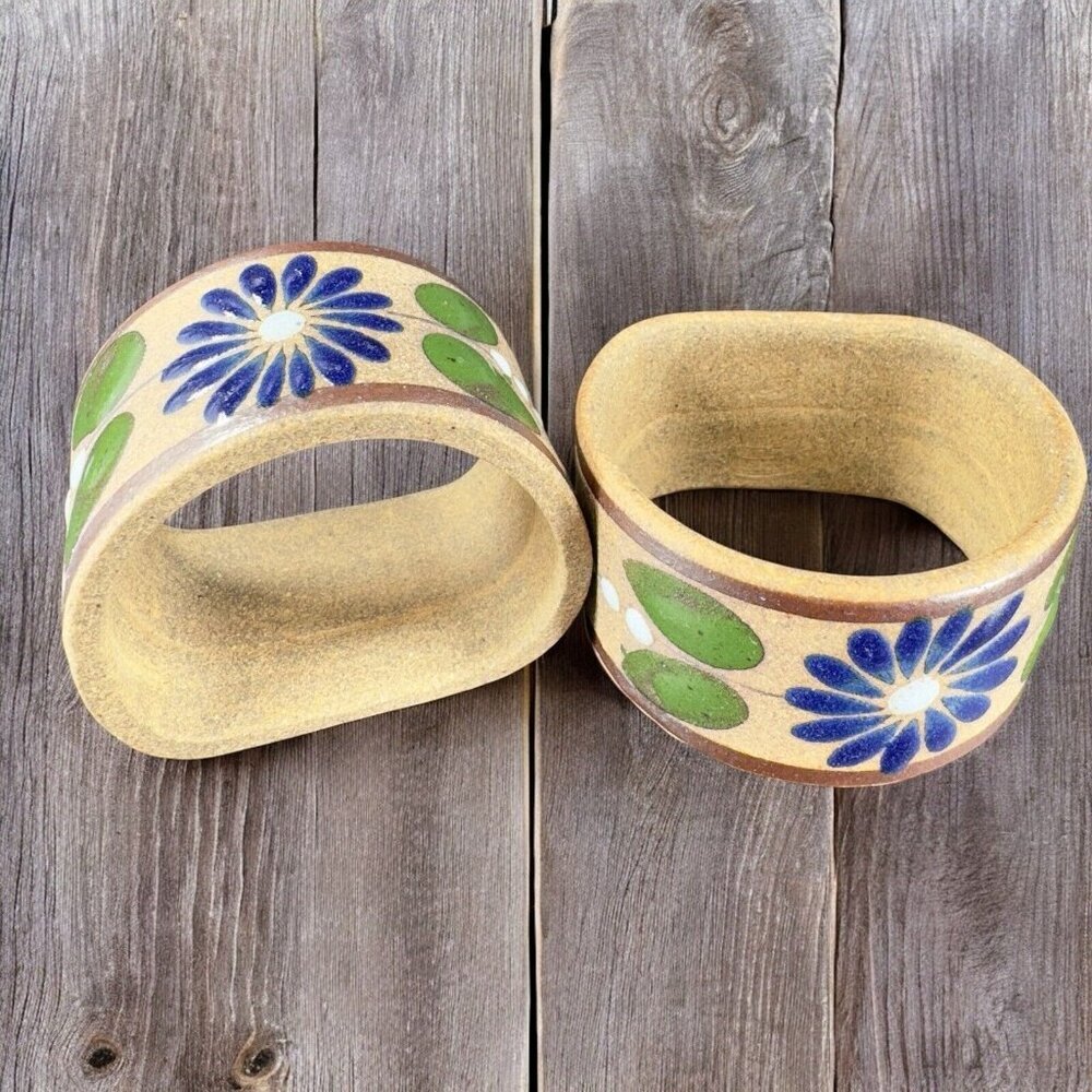 Mexico Hand Made Tonala Pottery Ceramic Napkin Holder Set 2 Hand Painted Vintage